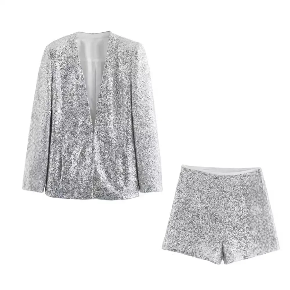 PRINTKAOIR Casual suit set for women long sleeve jacket with V-neck and sequins high waist shorts summer novelty 2024