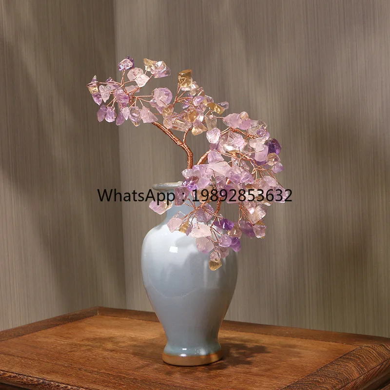 L3-18 Natural Purple Citrine Crystal Lucky Tree Fortune Tree Money Tree Ceramic Crystal Ornament