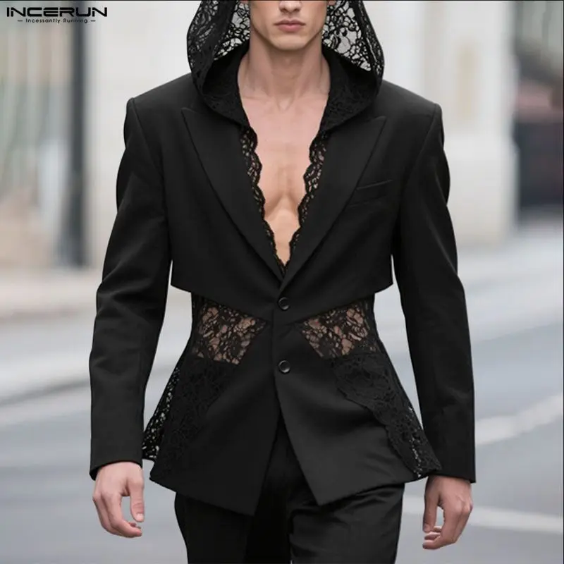 INCERUN Men Blazer Lace Patchwork See Through Hooded Long Sleeve Male Suit Streetwear Button Fashion Sexy Male Thin Coats S-5XL