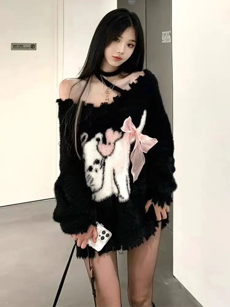 Y2K Knitted Clothes Women Casual Long Sleeve Sweet High Street Loose Pullover Outwear Oversized Black Sweater 2024 Autumn Chic