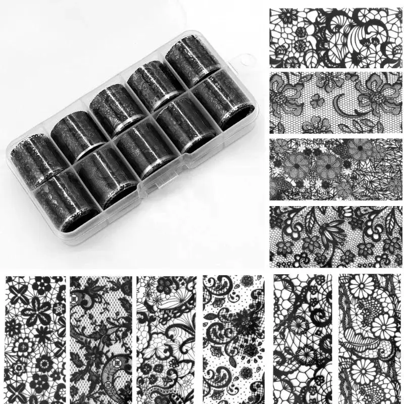 สติกเกอร์ติดเล็บลายลูกไม้สีขาวดำ 10 ม้วน/กล่อง ชุดฟอยล์ตกแต่งเล็บ ทำเล็บเอง อุปกรณ์ตกแต่งเล็บ