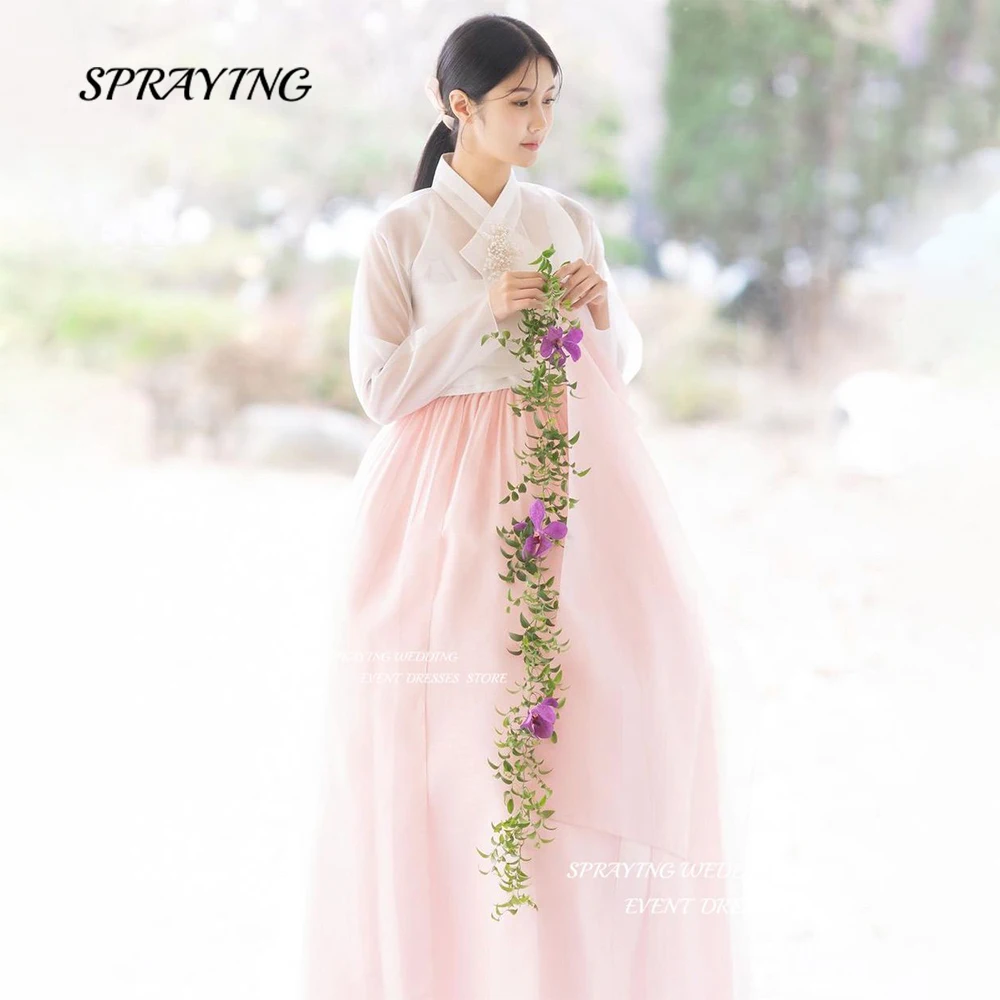 

SPRAYING Simple Pink A Line Wedding Dress Korea Photoshoot 2pcs Long Sleeve Floor Length Bridal Gown 웨딩드레스 Custom Made