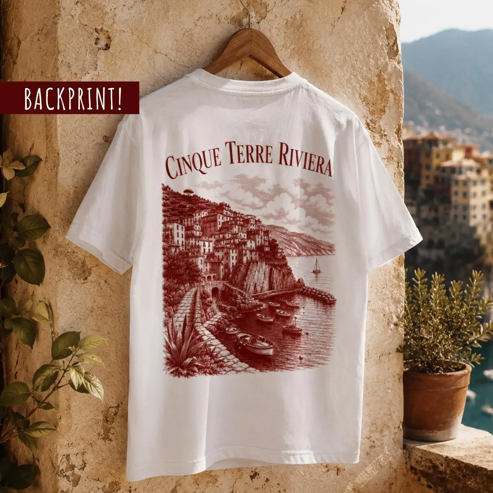 Vintage Cinque Terre Back Print T shirt Italy Riviera Old Money Mediterranean Aesthetic Casual for Men vintage Washed Stretched