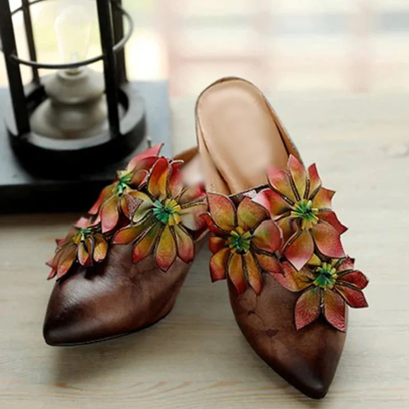 

Brown Flower Slip On Pumps Leather Pointed Toe Chunky Heel Fashionable Sexy Cool Western Summer Woman Shoes Zapatillas Mujer