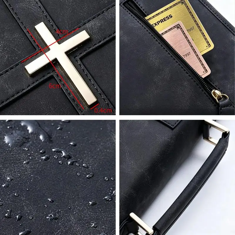 Cross Theme Vegan Leather Cover Dust Proof Phone Pocket Carrying Case Built in Bookmark Ribbon