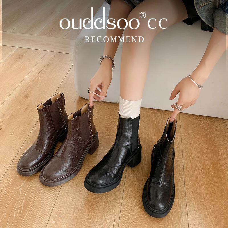 

Ods Retro Genuine Leather High Heel Ankle Boots Woman New Round Toe Square Heeled Short Boots Luxury Brand Autumn Black Ladies40