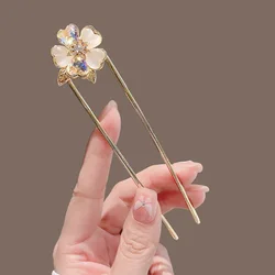 Elegant Crystal Opal Flower Hairpin for Women Metal U-shaped Hairpin Chinese Ancient Style Cheongsam Hanfu Accessories