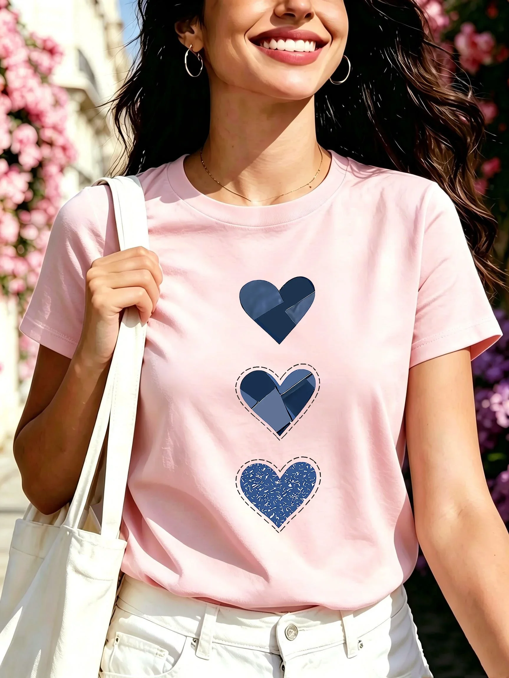 Three Blue Heart Shaped Vertical Pattern Prints for Summer Comfort Soft T-shirt Simple and Refreshing Top Women Clothing