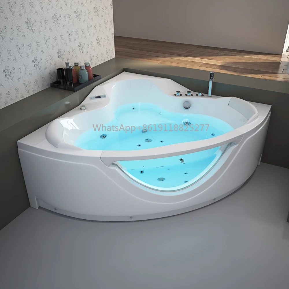 Two Person 59'' Massage Spa Bathtub Led Light Acrylic Corner Whirlpool Bath Tub With Glass Side