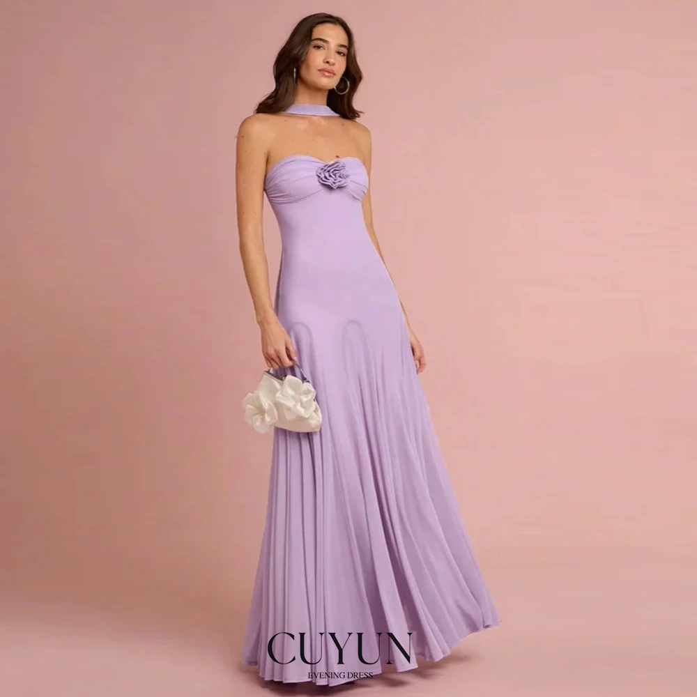 

CUYUN Halter Backless Women Evening Dresses Chiffon Handmade Flower Strapless Prom Dresses Customized Special Occasion Gown