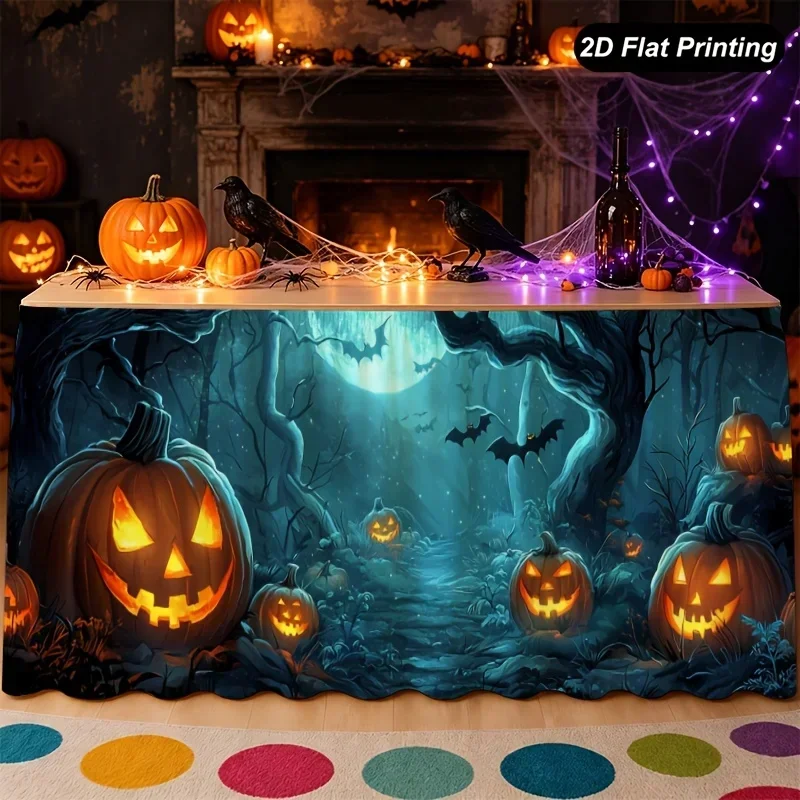 1pc Halloween table skirt, featuring a dark forest scene with curved pumpkin branches and a full moon, suitable for Halloweenxzj