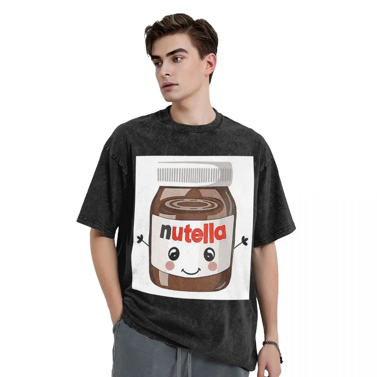 Nutella Cutie Washed T Shirts Vintage Short Sleeve Hip Hop T-Shirt Streetwear Tops Tees for Men Women