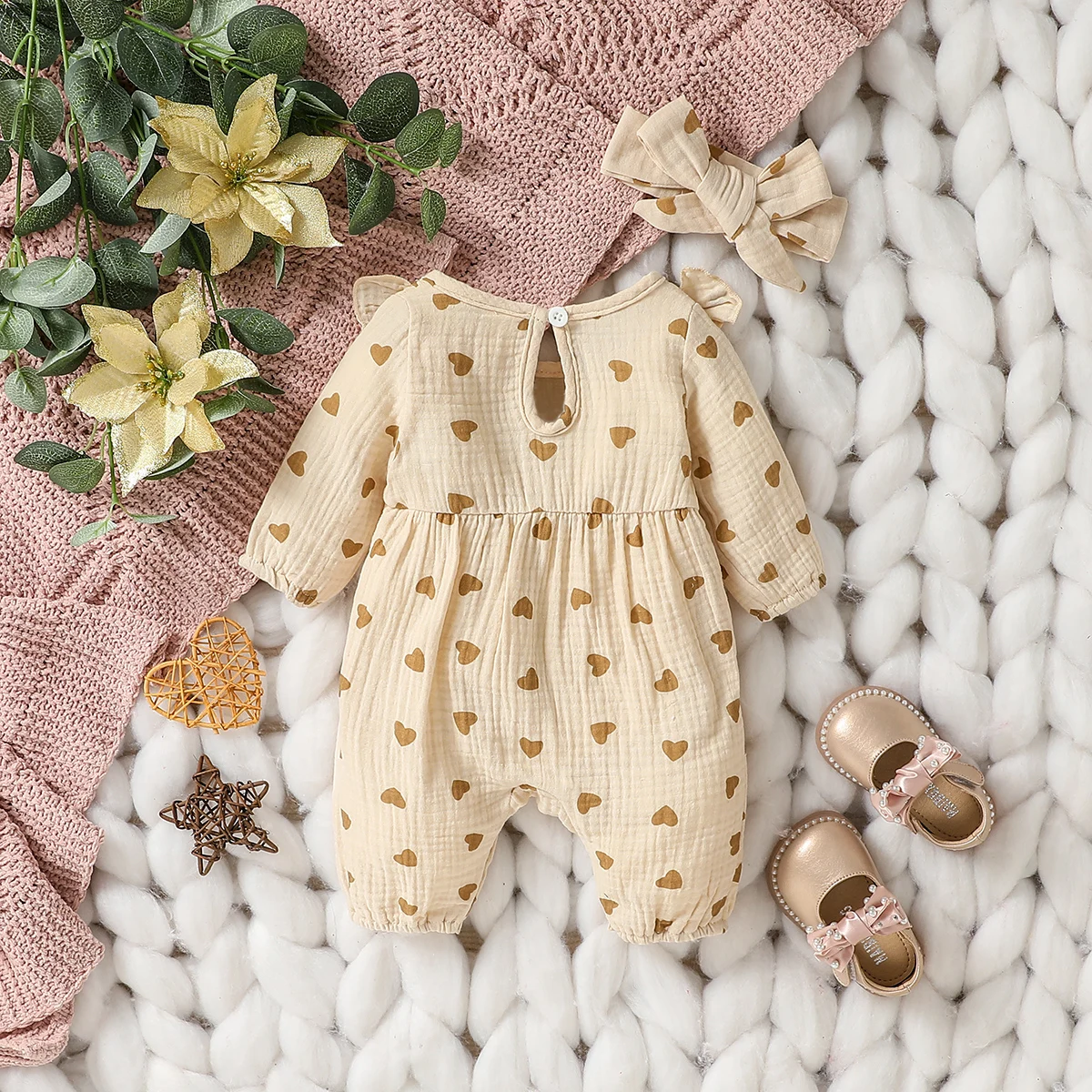 Baby Girls Summer Long Sleeve Printing Love With Bowknot For Casual Daily Cotton Jumpsuit
