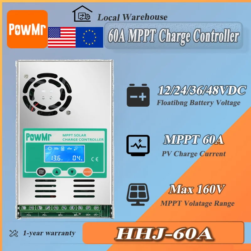 PowMr MPPT 60A Solar Charge Controller Max PV 160V Auto 12V 24V 36V 48V for Lead Acid Lithium Battery Regulator Solar Panel