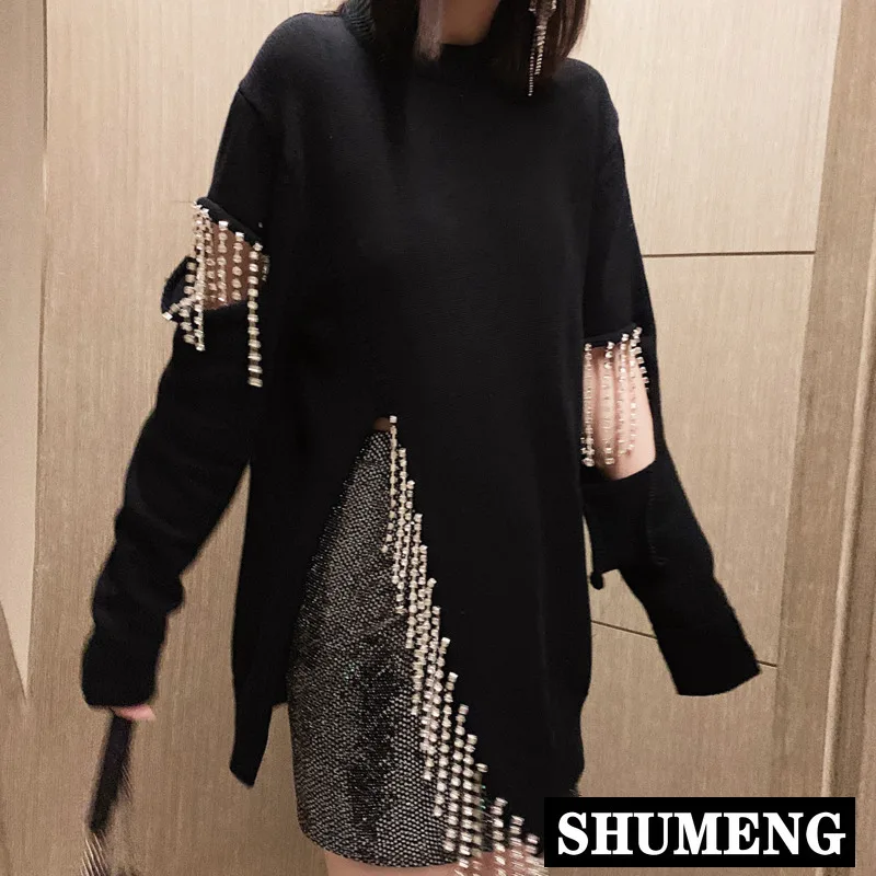 

Chic Women Pearls Beaded Tassels Hollow Out Diamonds Beading Pullovers Sweater Asymmetrical Knitted Jumpers Knitwear Crop Tops