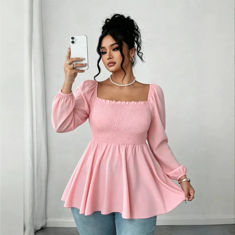 Women New Ruched Square Neck Long Sleeve Blouse Sweet Versatile Casual Flattering Daily Streetwear Top