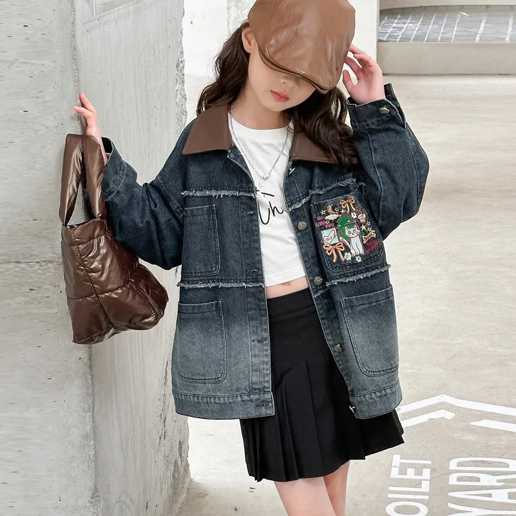 Girls Coat Lapel Cowboy Coat Girl Autumn 2024 New Explosive American Retro Port Style Korean Simple Style Fashion Coat Clothes