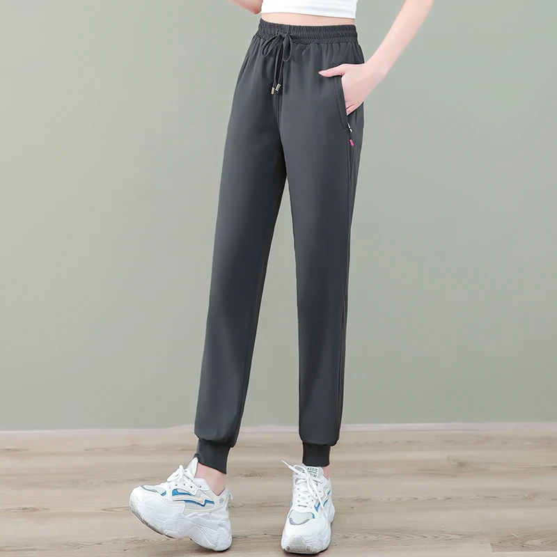 2024 New Simple Summer Ice Silk Thin Women's Solid Color High Waist Elastic Lace Up Bound Feet Fashion Versatile Sports Pants