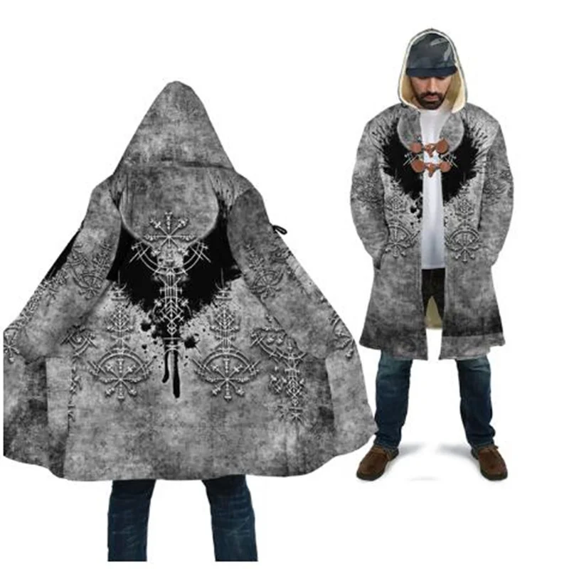 Winter Fashion Hooded Cloak Odin and Valknut Tattoos 3D Print Men's Wool Hooded Cloak Unisex Casual Thick Insulation Cloak Coat