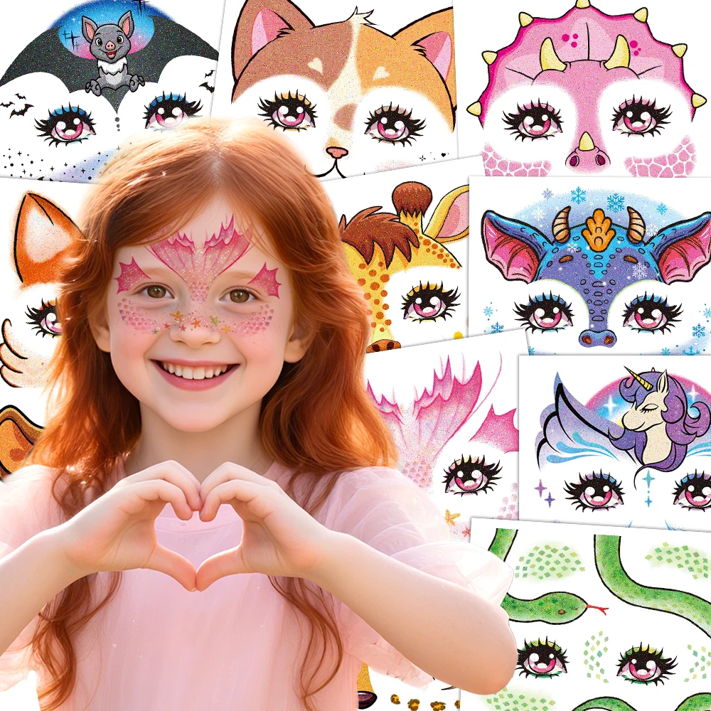 10 Sheets Glitter Animal Face Tattoo For Kids Kylin Unicorn Fox Temporary Tattoo Sticker Party Makeup Stickers Body Paint Tattoo