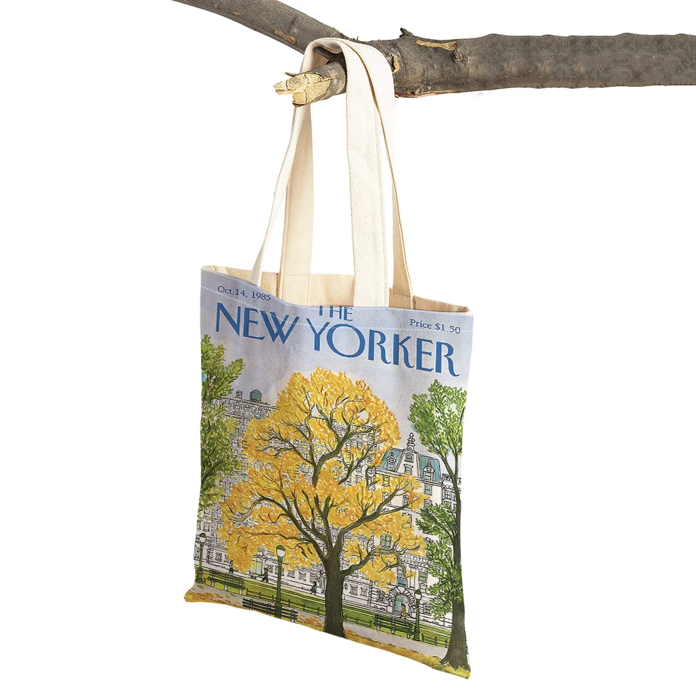 The New Yorker City Magazine Women Shopping Bags Double Print Casual Shopper Bag Lady Linen Tote Eco Leaf Flower Handbag