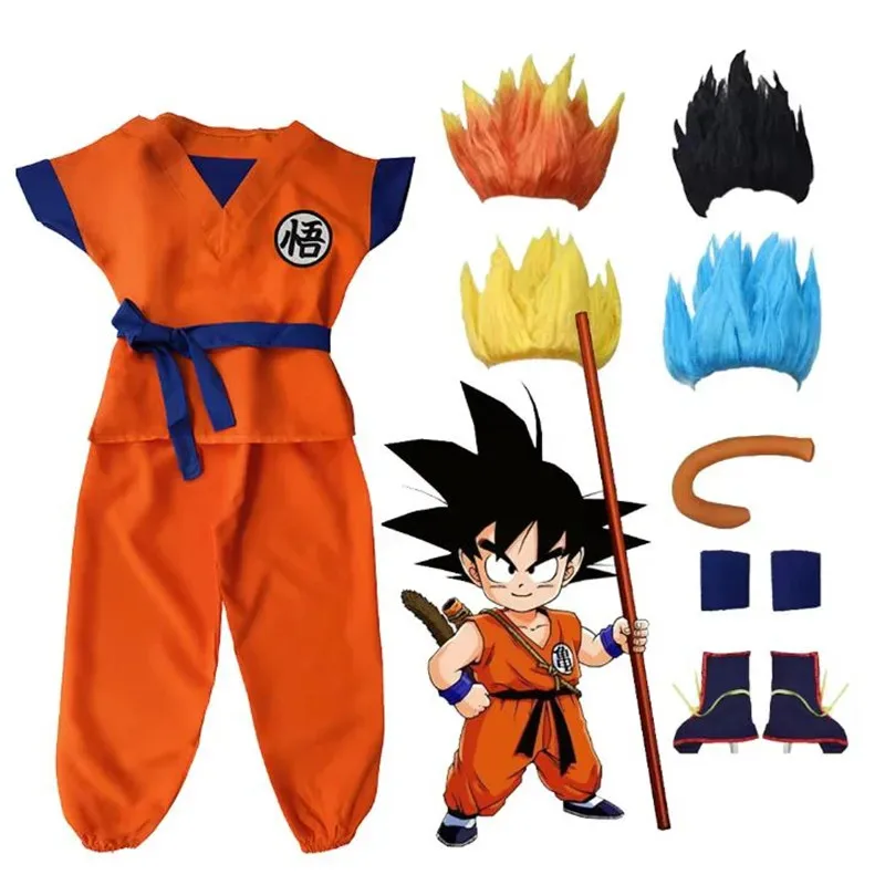 

Праздничные костюмы аниме Son Goku, карнавальные костюмы для косплея в стиле аниме, топ/брюки/пояс/хвост/запястье/парик для взрослых и детей