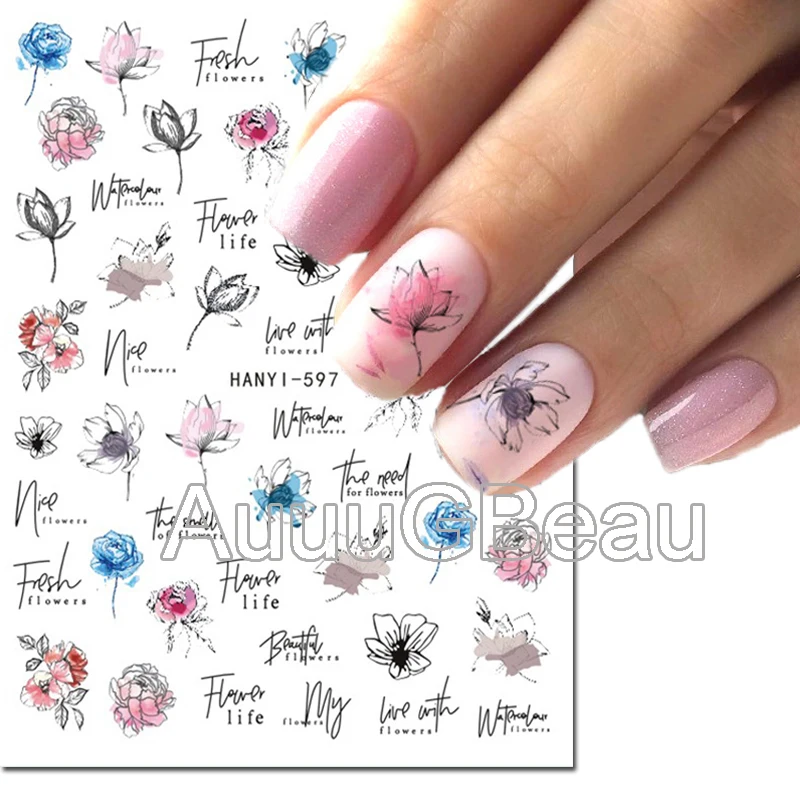 

3d Nail Art Decals Ink Florals Watercolor Peony Lotus Flowers Adhesive Sliders Nail Stickers Decoration For Nail Tips Manicure