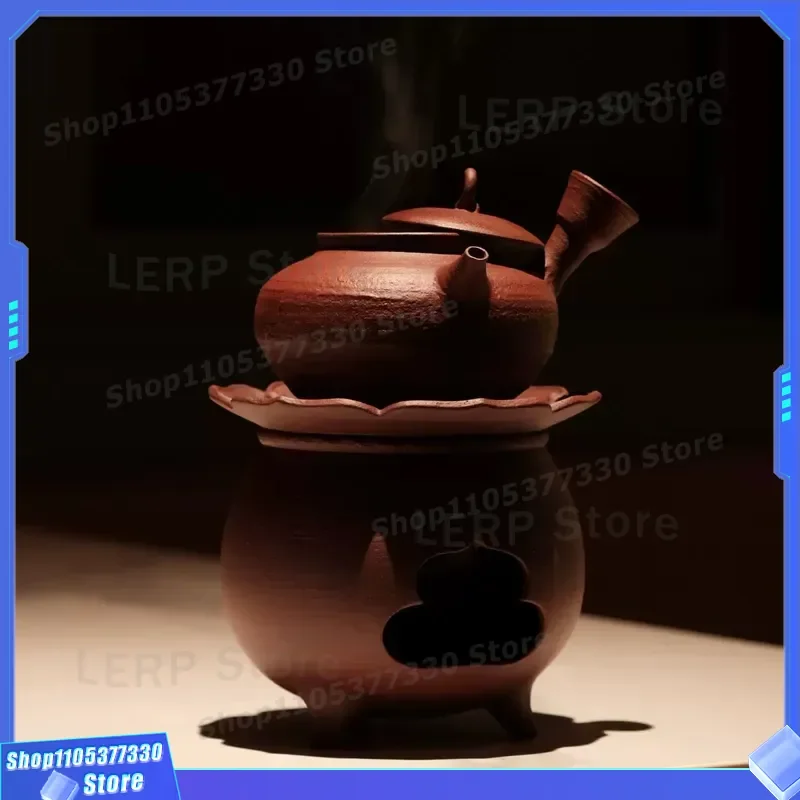 Portable Three Legged Charcoal Stove for Tea Brewing with Large Side Pot Alcohol Burner Diamond Flower Design Outdoor Camping