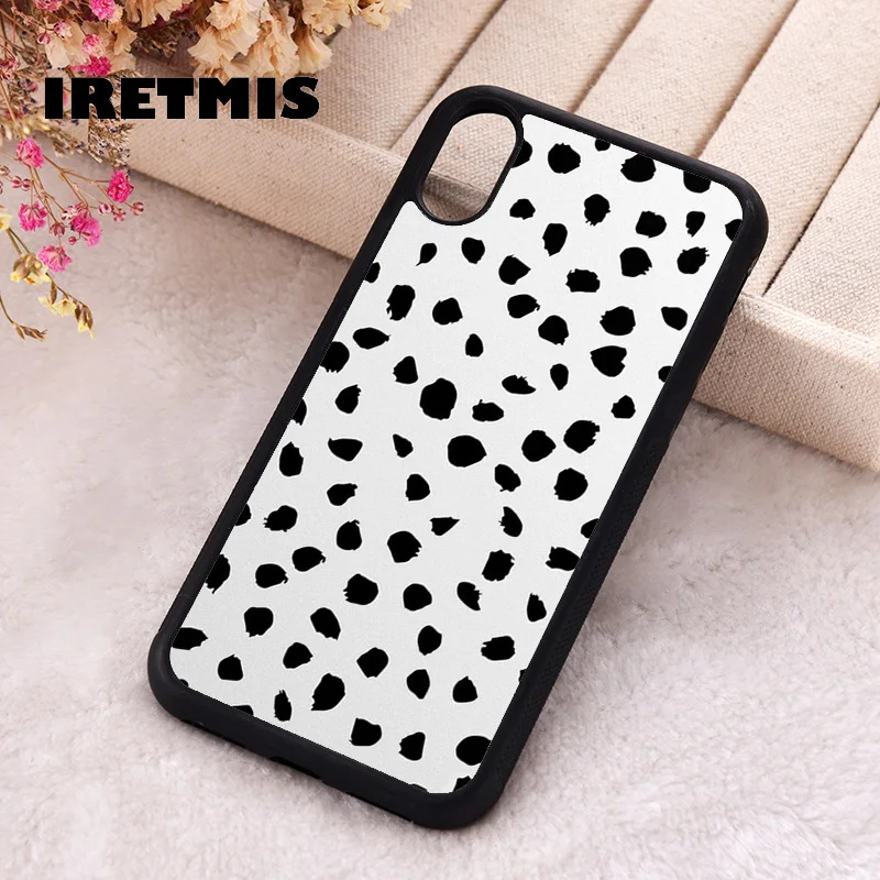 Iretmis Phone Cover Case For iPhone X XS Max XR 11 12 13 PRO MINI 14 15 16 Plus Rubber Silicone White Dalmatian Print