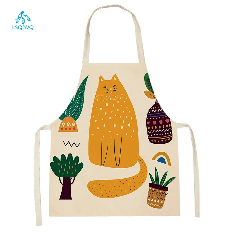 Cartoon Animal Cooking Aprons Adult Kids Home Linen Aprons Cat Bear Bird Pattern Baking Aprons Household Pinafore Waist Bib