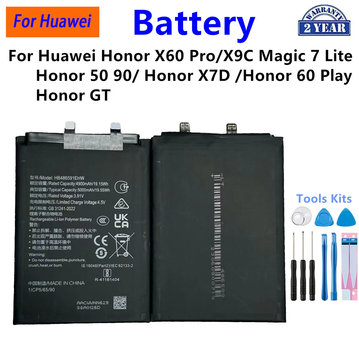 Bateria HB486591EHW HB556794 HB476489 HB496699 para Huawei Honor X60 Pro/X9C Magic 7 Lite/Honor GT 50 Honor 90 X7D Honor 60 Play