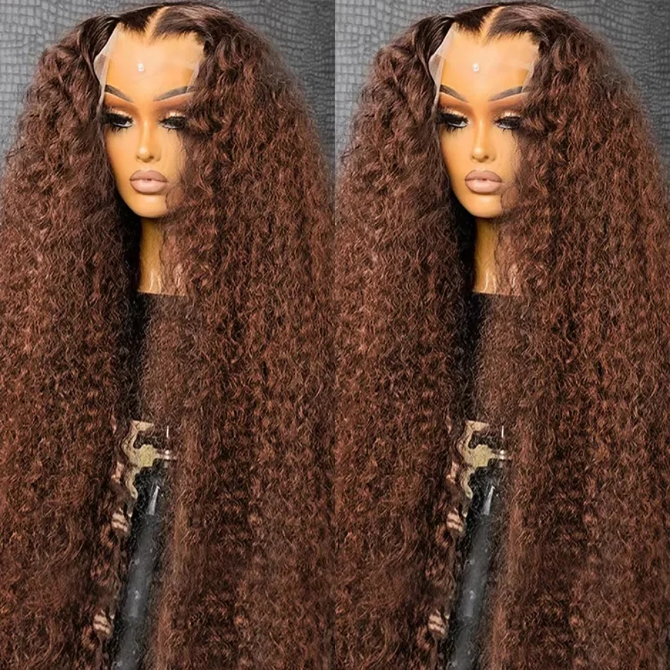 

13x4 Chocolate Brown Deep Curly Transparent Lace Front Human Hair Wigs Pre Plucked Colored Curly Wigs 13x6 HD Lace Frontal Wigs