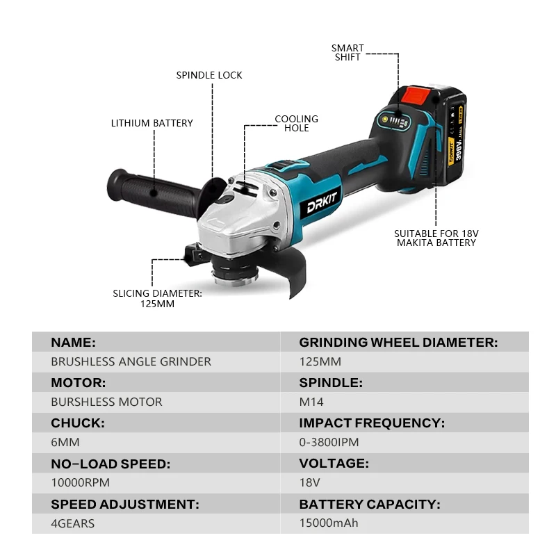DRKIT-amoladora angular eléctrica sin escobillas, 125MM, corte, pulido, rectificadora, herramienta eléctrica para carpintería, batería Makita de 18V