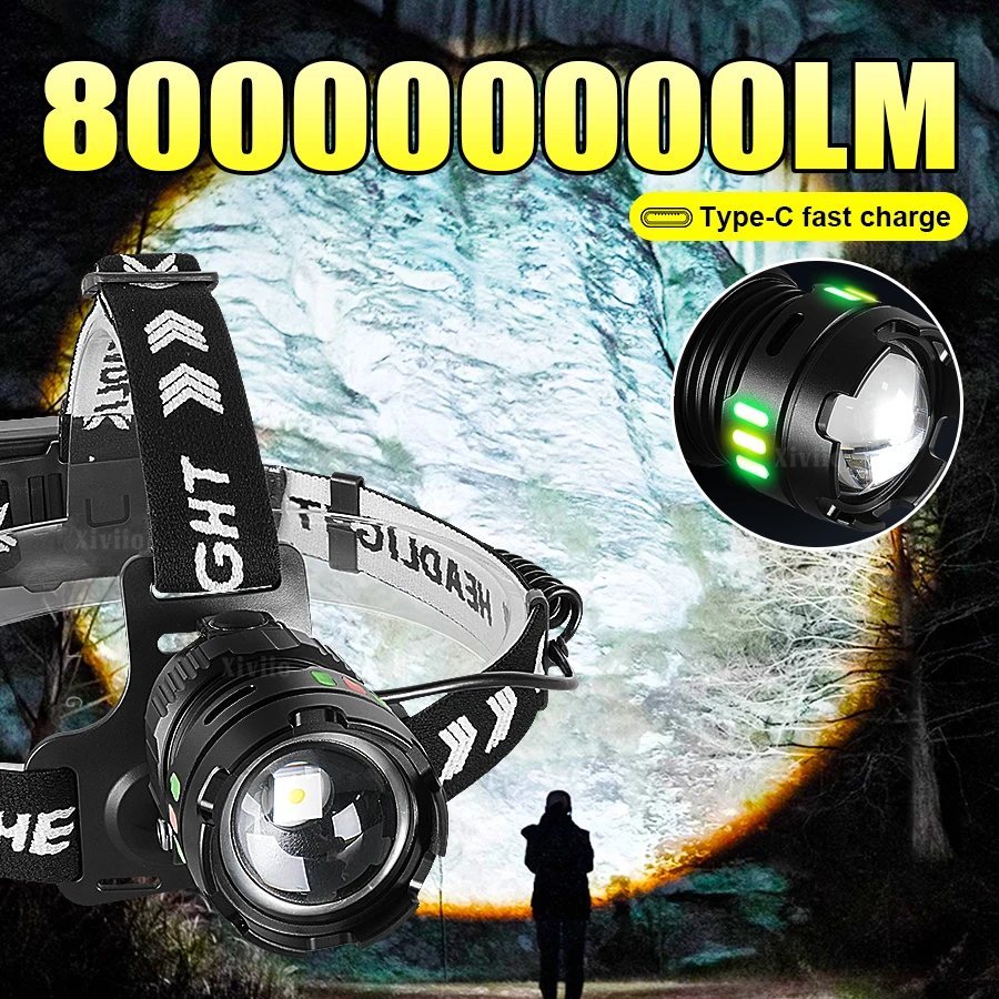 800000000LM High Power LED Headlamp USB Rechargeable Headlight Long Range Powerful Headlight Night Fishing Hiking Head Lantern