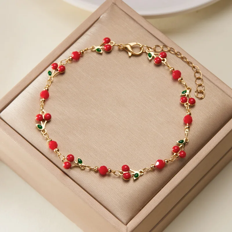 Sommer Süße Rote Kirsche Fußkettchen für Frauen Mode Niedlichen Reis Perlen Blumen Herz Kette Fußkettchen Strand Barfuß Sandale Schmuck – Detail 3
