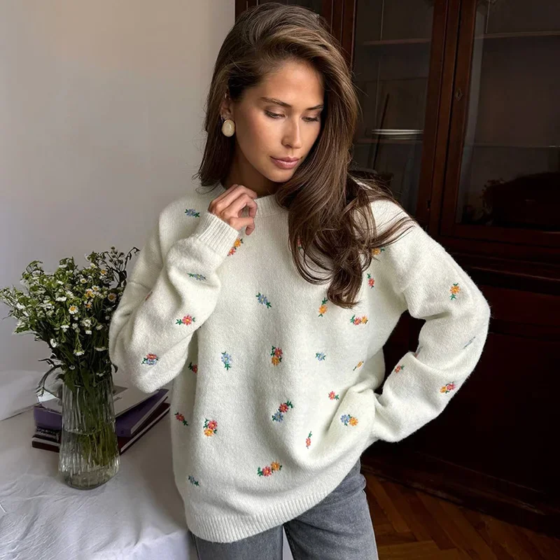 

Вязаный свитер с вышитым цветком для женщин, пуловеры с длинными рукавами и круглым вырезом, осень-зима 2022, модный свободный свитер, топ