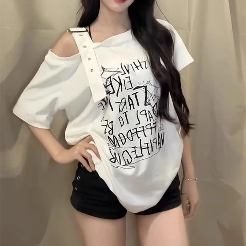 

Women Clothing Y2K Off Shoulder Loose Letter Printing Pullovers Top Summer New Sexy Short Sleeve Casual T Shirts Fashion Korean