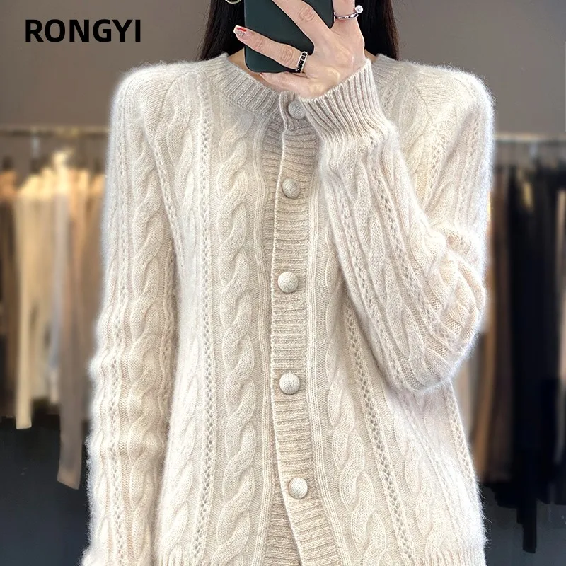 RONGYI 100 %Wool Cashmere Cardigan Autumn Winter New Large Size Twist Coat High-End Knitwear Sweater Shirt Loose Women Thick Top