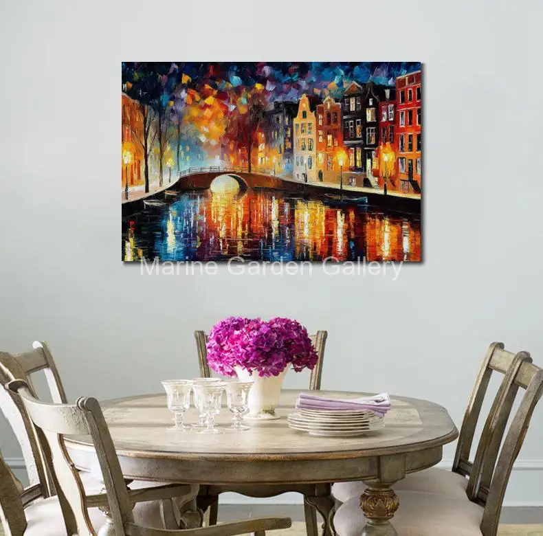 

Текстурированная современная картина маслом, ручная роспись, Амстердамский канал, ночная абстрактная городская пейзажная живопись, большая картина на холсте для декора гостиной