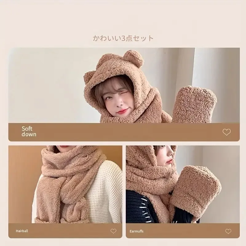 Winter Bear Ear Fleece Headwear Set for Women Warm Polyester Hat Scarf Glove Combo for Outdoor Christmas or Back to School Gift