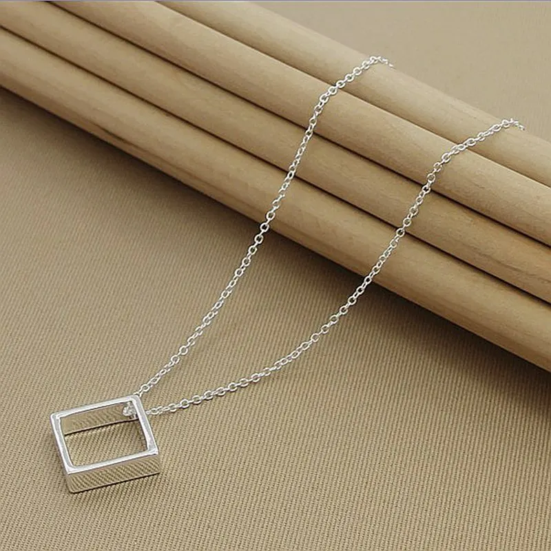 

925 Sterling Silver 18 Inch Chain Square Pendant Necklace For Women Men Engagement Wedding Fashion Charm Jewelry