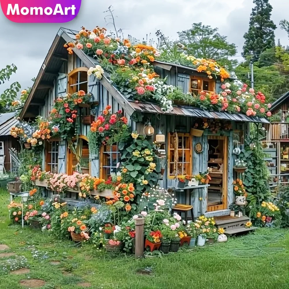 Momoart 5D DIY Diamant-Stickerei Haus-Landschaftsgemälde Acryl-Bastelbedarf Diamant-Mosaik Blumen Handgemachtes Hobby