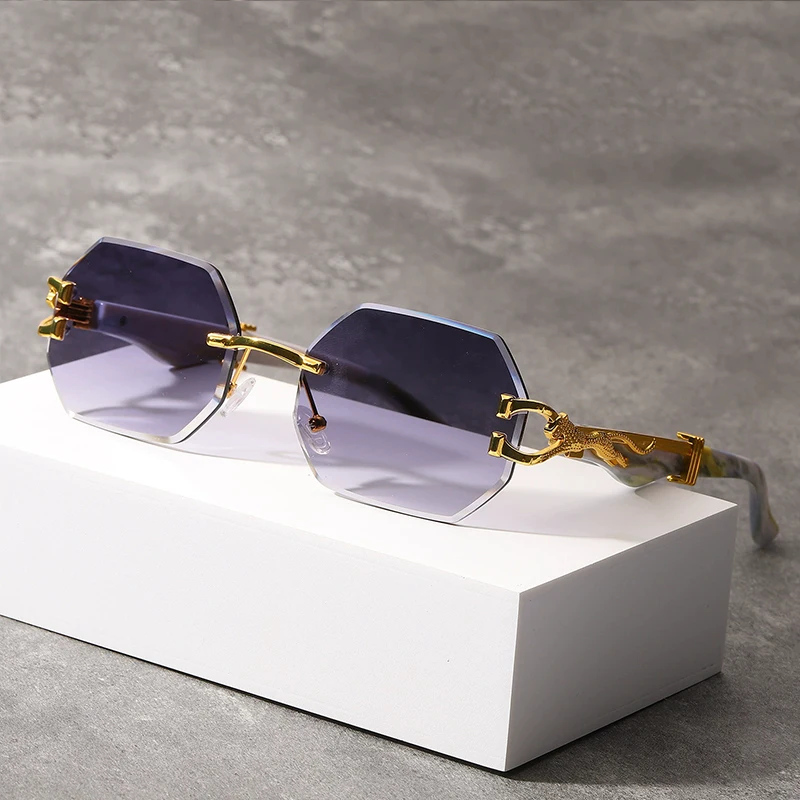 Lunettes de soleil vintage sans monture pour femmes, nuances polygonales, marque de luxe, nickel é, mode, décor léopard, lunettes de soleil, UV400