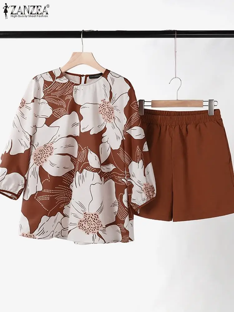 ZANZEA-Conjunto floral boêmio de manga curta e shorts femininos, roupas casuais, shorts soltos com elástico na cintura, roupas de férias, 2 peças