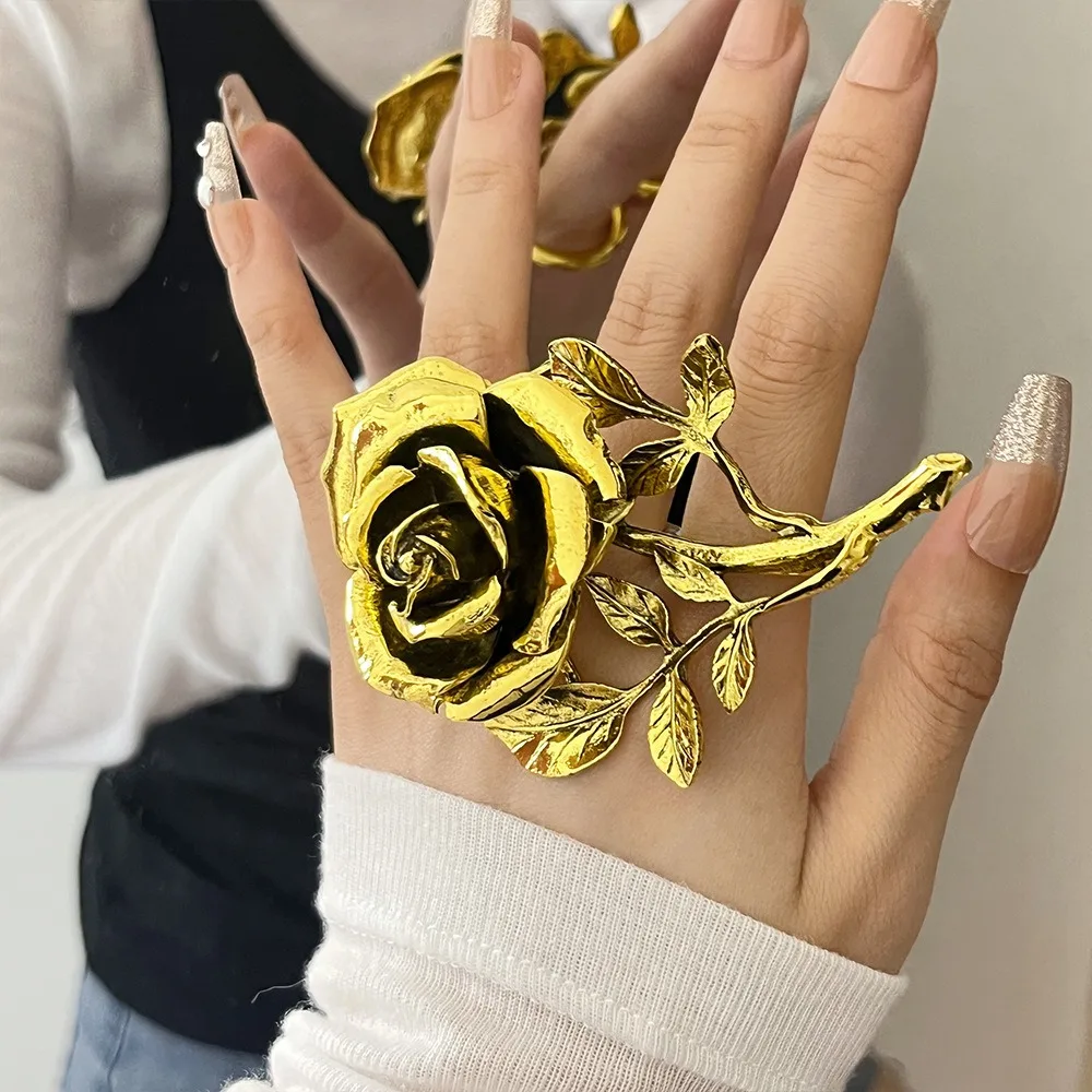 

Personality Metal Rose Flower Rings Geometric Double Finger Vintage Exaggerated Rings Gold /Silver Unique Large Open Rings