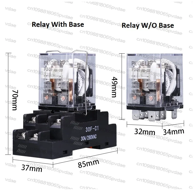 JQX-30F 30A High-power relay With Base 8 Pin DC12V DC24V AC110V AC220V 2NO 2NC Copper Coil Fire Resistance Shell Relay