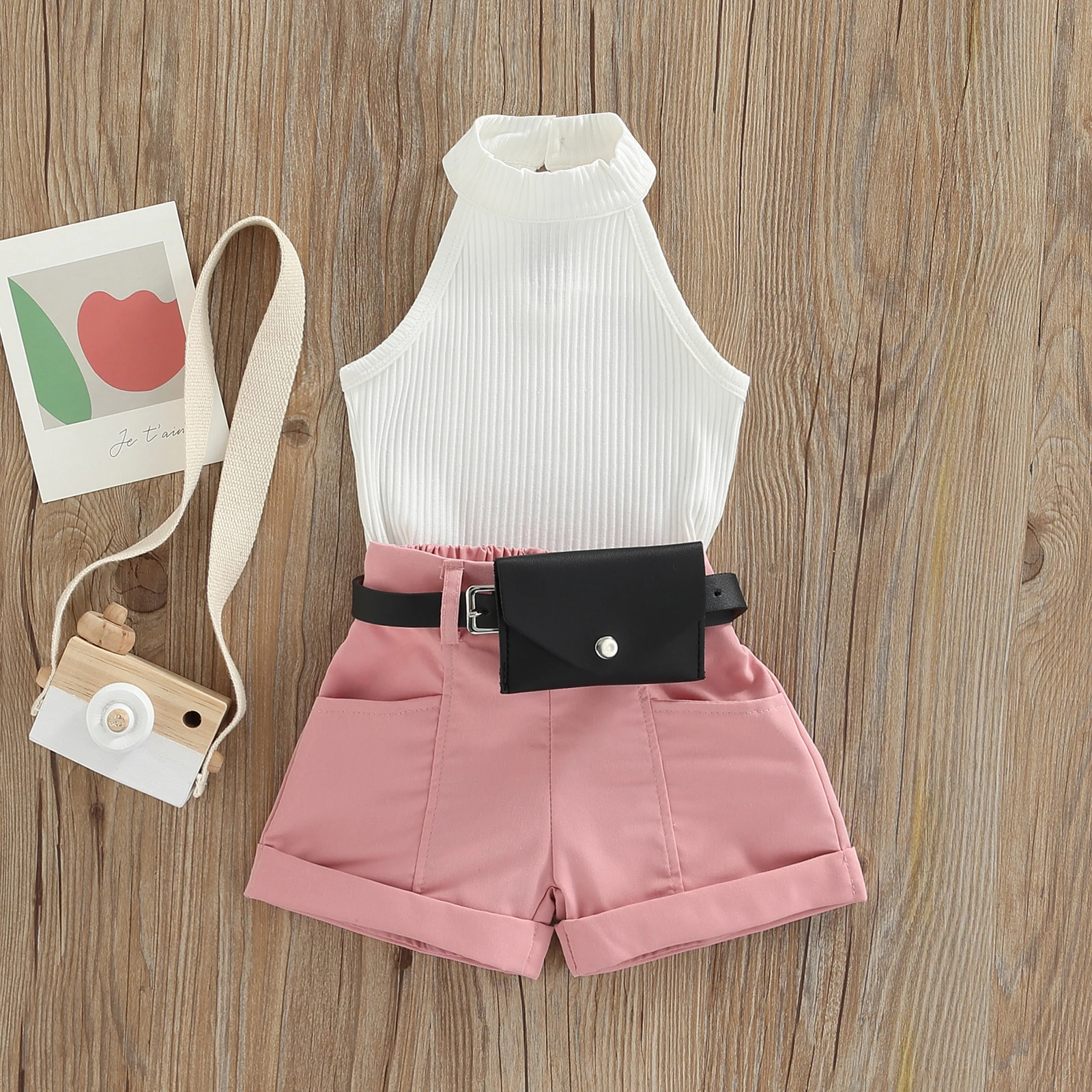 2022-03-02 Lioraitiin 0-4Years Toddler Little Girls 3Pcs Solid Ribbed Stand-Up Collar Tops Belted Short Pants Small Waist Pack image 3