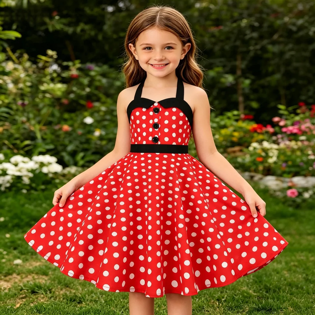 Vestido Infantil Feminino de Bolinhas com Gola Halter Estilo Retrô Anos 50 Rockabilly para Dança em Grupo, Vestido Rodado para Festas de Verão e Anive