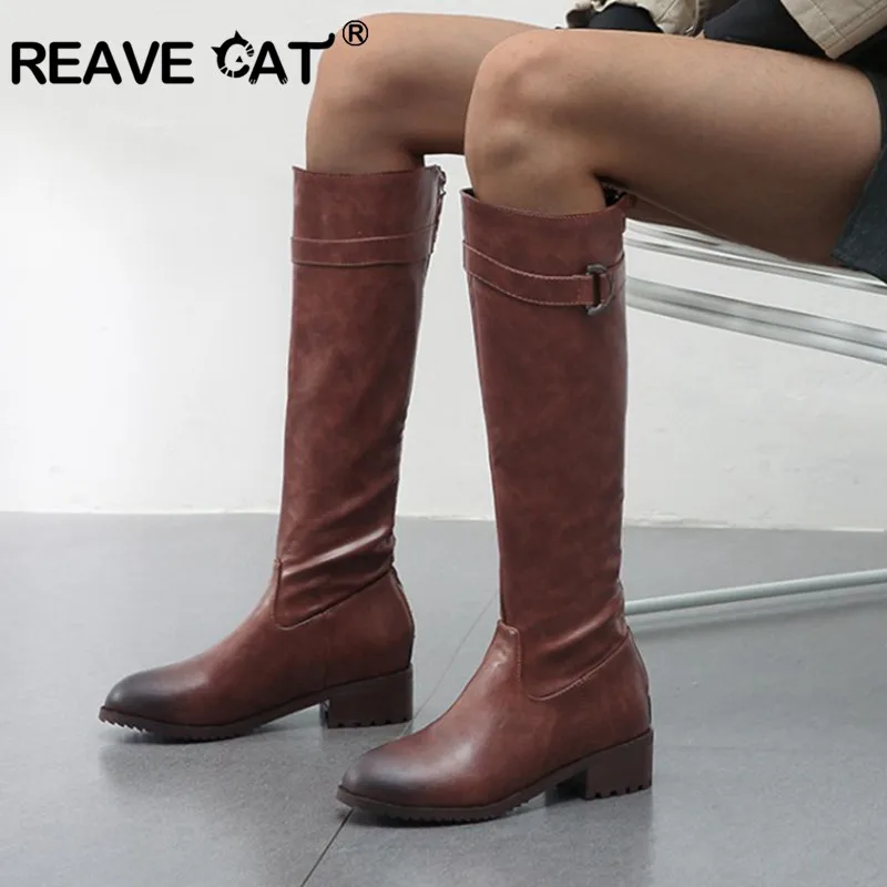 

REAVE CAT 2020 Large size 34-48 Retro leather boots Women low heel knee boots zipper long boots warm winter shoes bota feminina