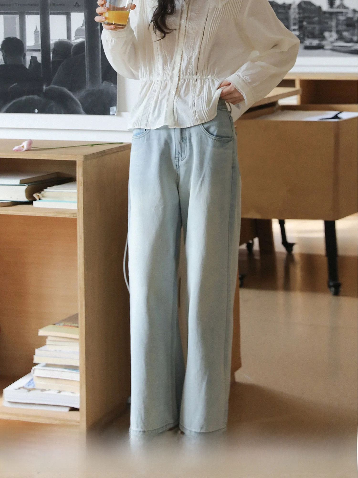 

Fashionable Retro Washed Denim Jeans High Waist Cotton Straight Leg Loose Fit Women's Spring Seasonal Clothing by ETERNAL SUMMER